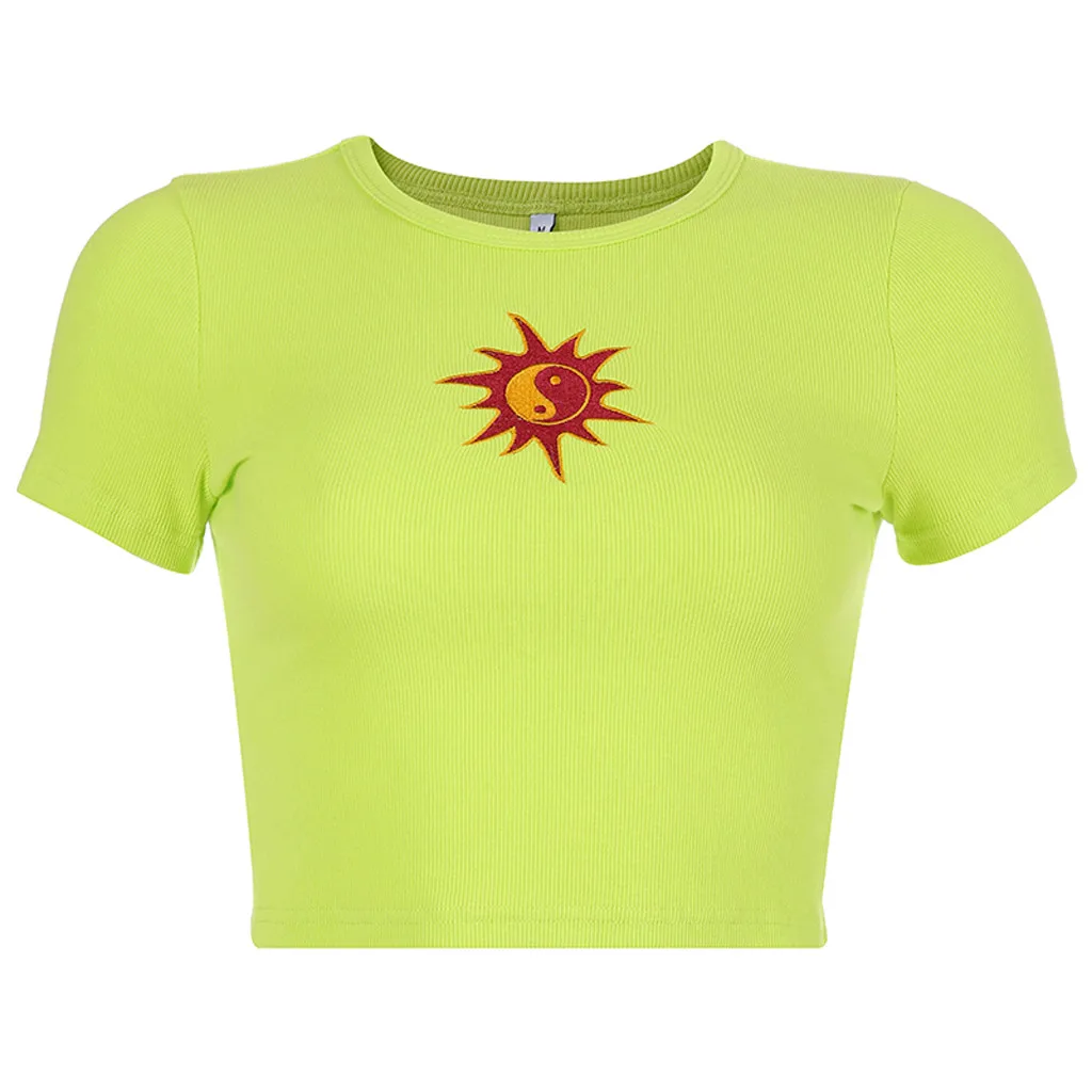Модная женская короткая майка с коротким рукавом и вышивкой в виде маленького солнца, женская летняя модная футболка с круглым вырезом и коротким рукавом, новая футболка