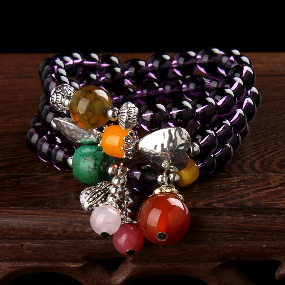 National purple crystal Beads semi stone Tibet Silver bead Longevity
