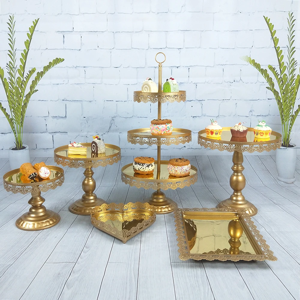 New Set Gold White Silver Wedding Dessert Tray Mirror Cake Stand