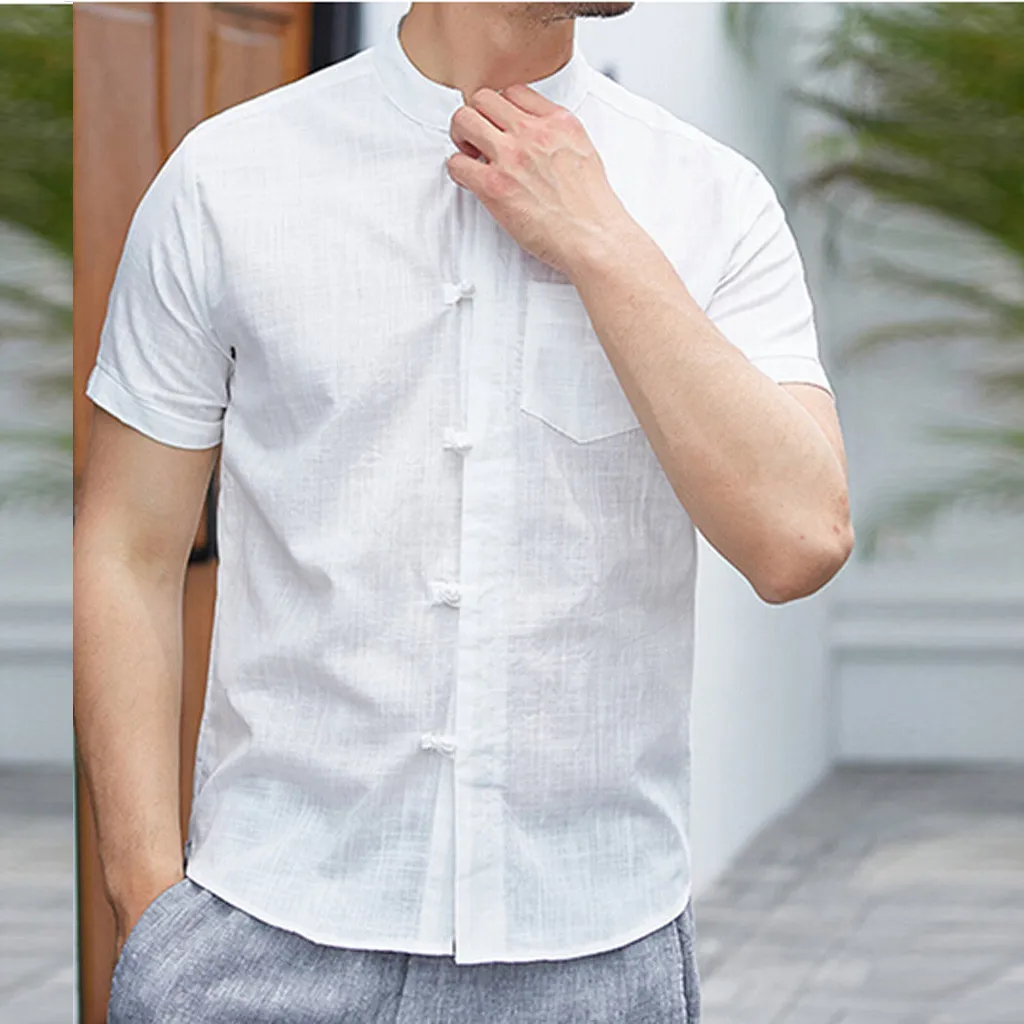 

Linen Cotton Fashion Casual Shirt Autumn Winter Button Short Sleeve Shirt Blouse Top Camiseta Manga Larga Hombre 2019