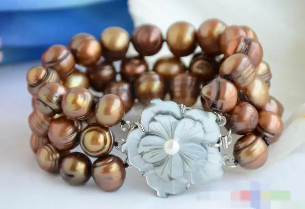 

1575 3row almost round coffee screw thread freshwater pearl bracelet