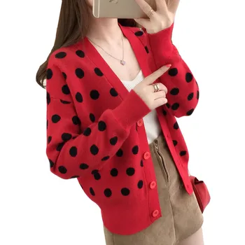 

Polka Dot Knit Cardigan Sweater Coat Women Short 2019 Spring New Loose V-Neck Sweater Elegant Fashion Casual Outwear Female