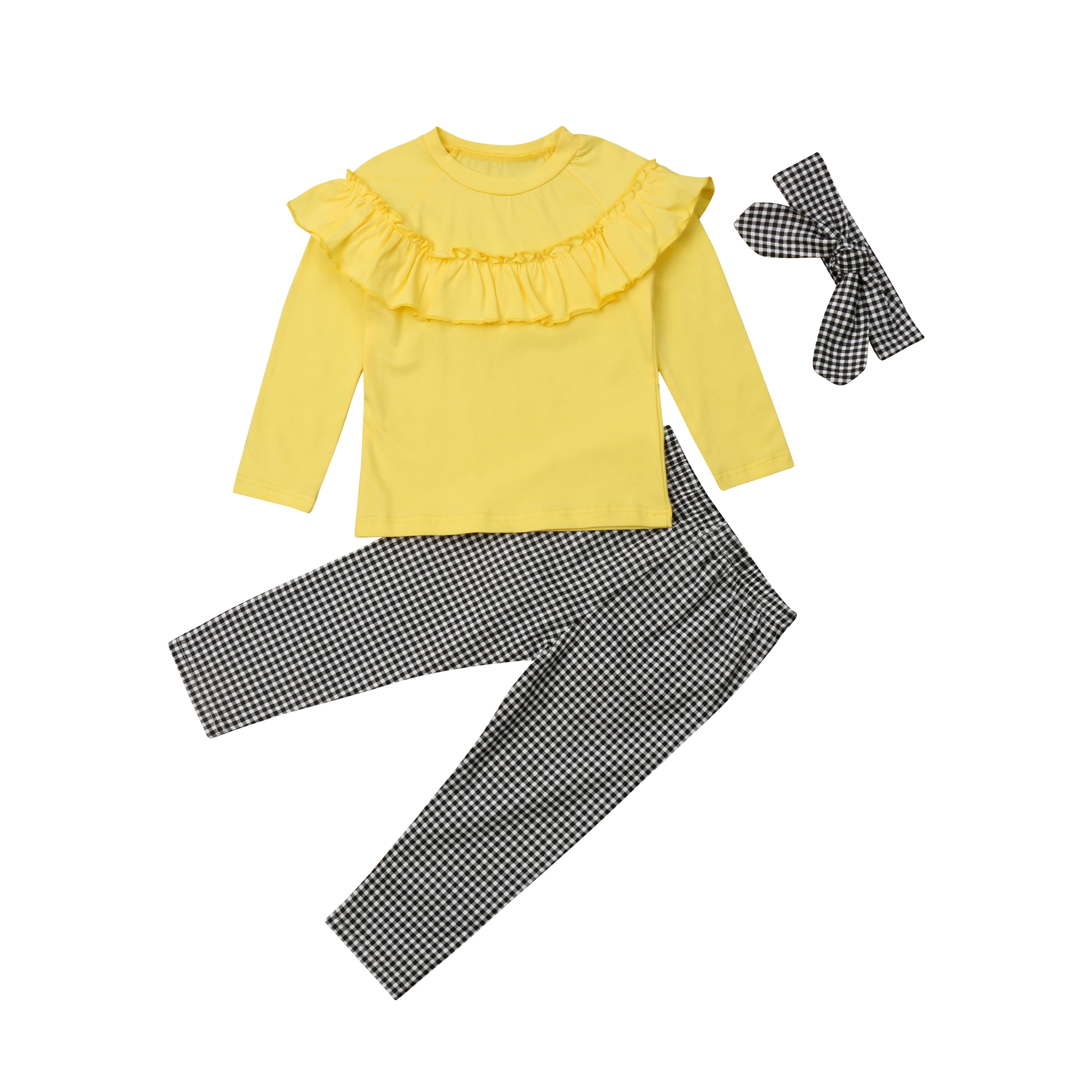 

3Pcs Toddler Kids Baby Girl Ruffle Solid Tops Long Sleeve T shirt Plaid Pants Leggings Headband Outfit Clothes Set 1-6Y 2019