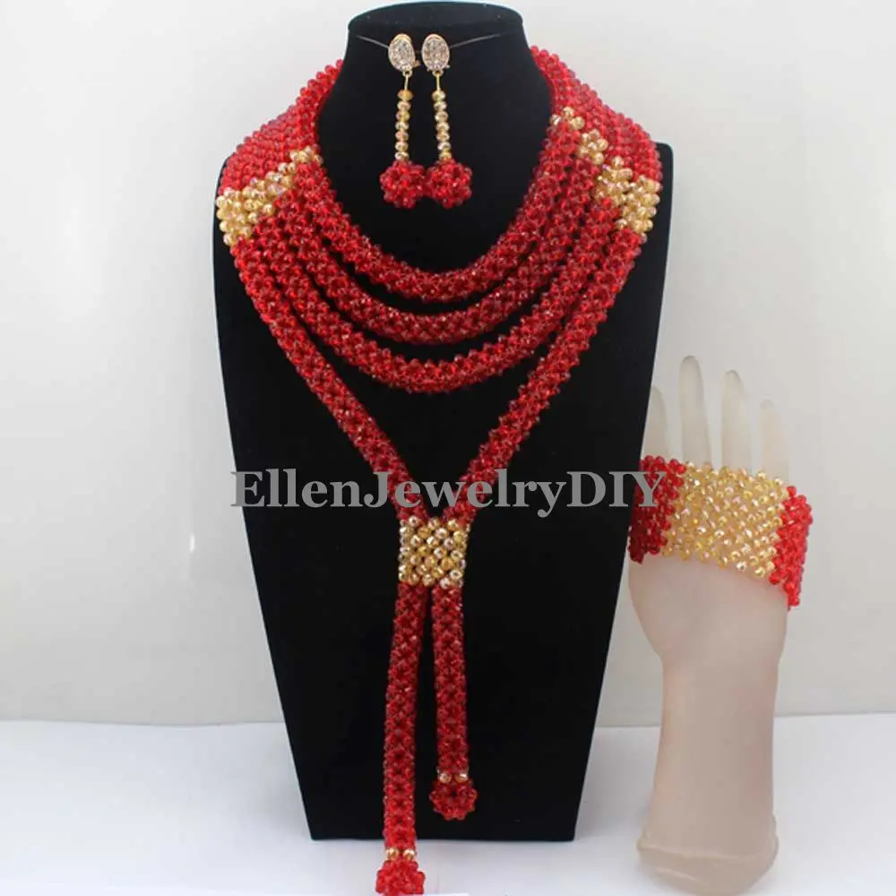 

Fashion red African Beads Jewelry Set Handmade Bridal Crystal Necklace Set for Nigerian Wedding beads Free Shipping W13146