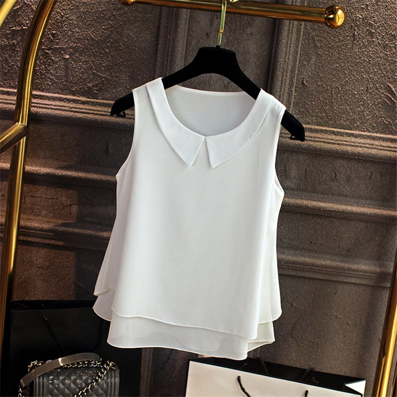 2019 New fashion sleeveless Peter pan Collar shirt For Women Chiffon Blouse  Summer Casual Plus size 5XL Female Tops