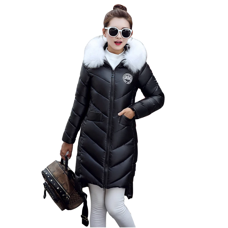 

New Appliques Fur Hooded Long Cotton Jackets Women Winter Long Sleeve Casual Slim Parkas Woman Warm Jackets Female