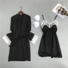 Черная Весенняя ночная рубашка с v-образным вырезом и халат, женская одежда для сна, комплект, сексуальный Свадебный халат невесты, вискозный шелковый халат-кимоно