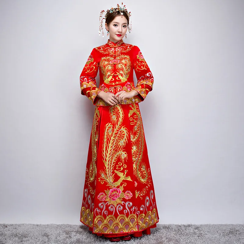  Chinese Traditional Dress Red Long Sleeve Cheongsam Embroidery Qipao Oriental Dresses Wedding Invit - 32874337422