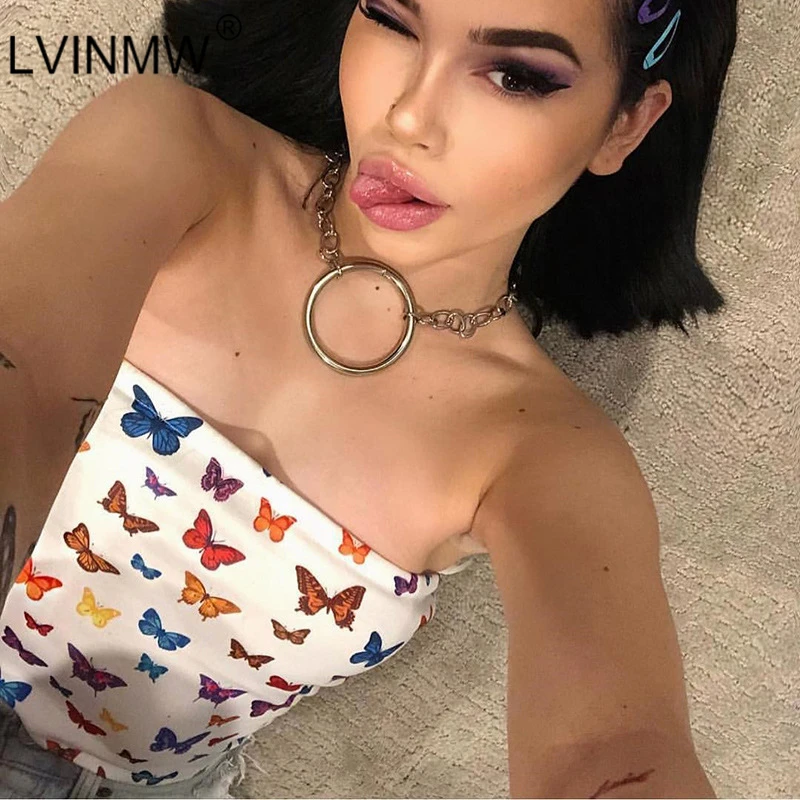 zzzz Donne Senza Maniche Catena Crop Top Farfalla Stampata Cami