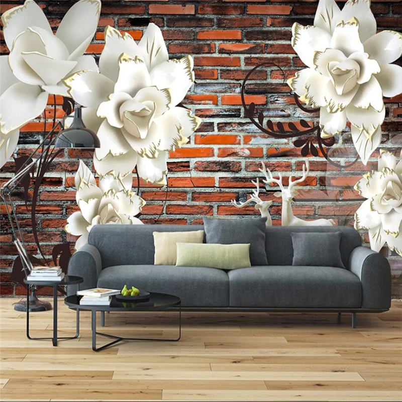 

wellyu Three-dimensional flower embossed red brick background wall custom large mural green wallpaper papel de parede