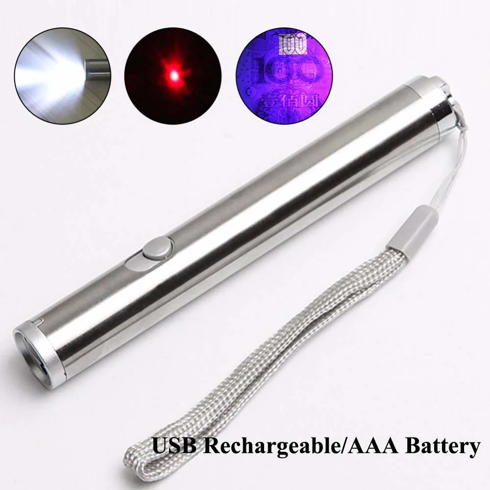 1Pc Portable 500LM Mini Penlight LED Laser & UV Torch & Flashlight Tactical Work Light USB Rechargeable/AAA Battery
