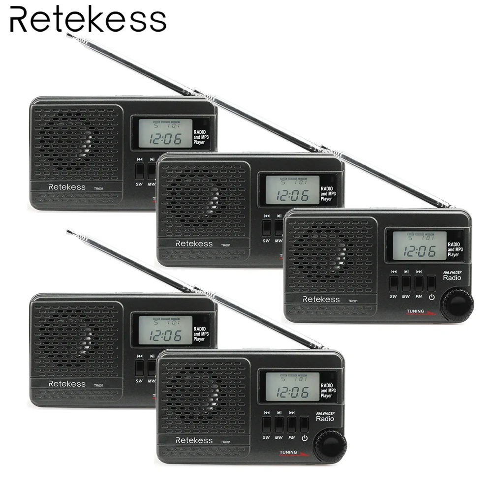 5 шт. Retekess TR601 FM/AM/SW карманное радио цифровые часы DSP радиоприемник MP3 плеер выбор