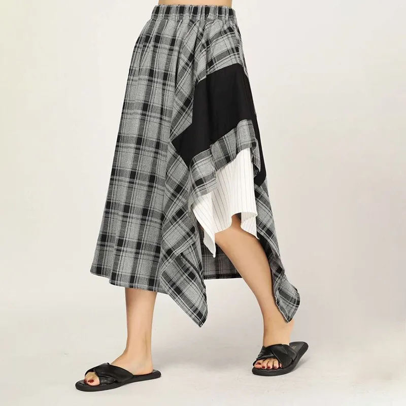 CHICEVER Весенняя популярная цветная клетчатая Женская юбка с завышенной талией и асимметричным подолом, свободные тонкие трапециевидные женские юбки до середины икры, мода, новинка - Цвет: gray