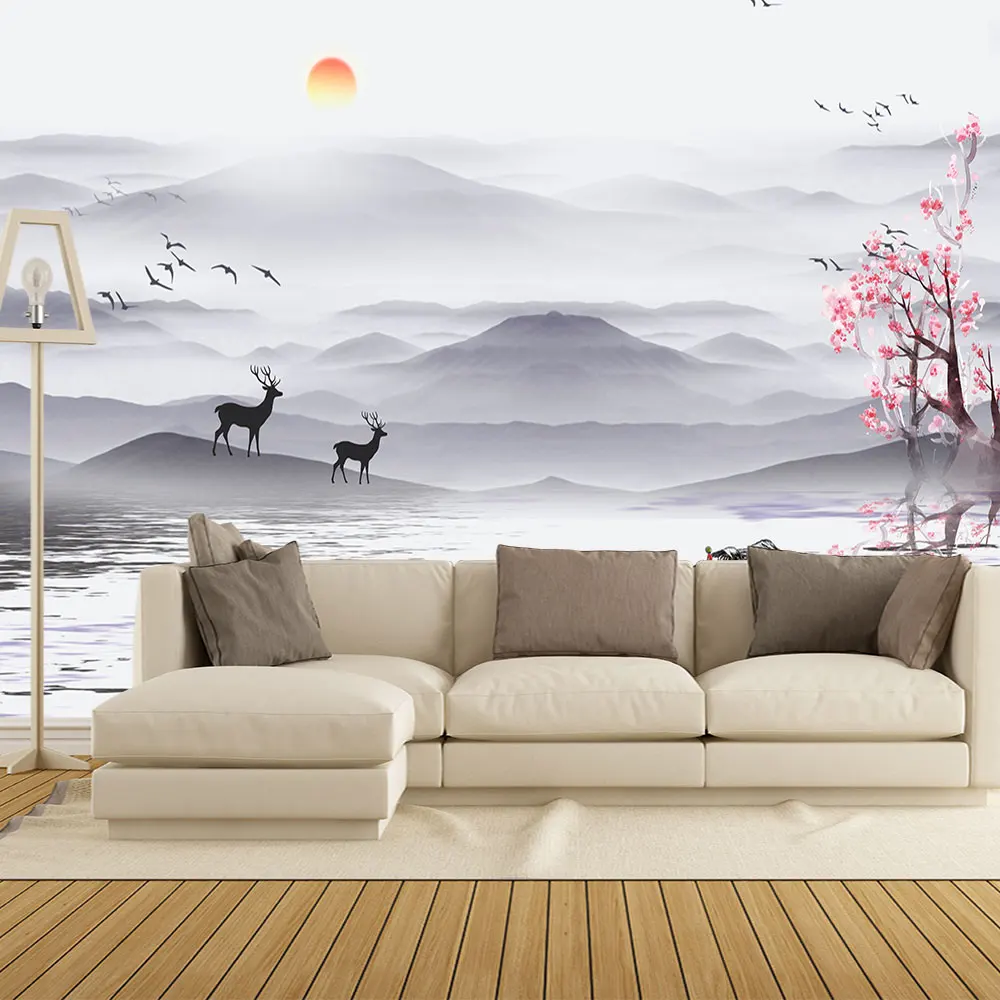3d обои китайский пейзаж олень лося китайский стиль персиковый цветок гостиная спальня настенное водонепроницаемое покрытие для стен