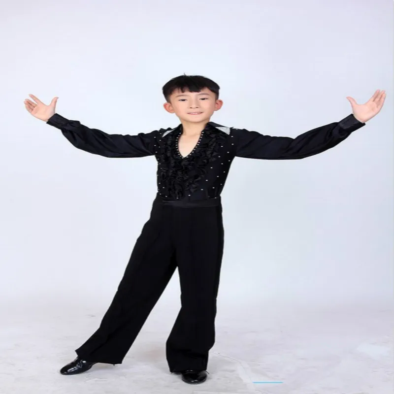 

Boy Latin Dancewear Latin Dance Exercise clothes Ruffly Ballroom Stage Modern Boys Latin Dance training Clothes Shirt+pants