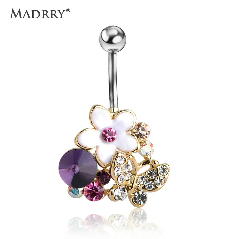 

Madrry Pretty Flowers Butterfly Navel Belly Button Ring Body Piercing Enamel Crystal For Women piercing nombril