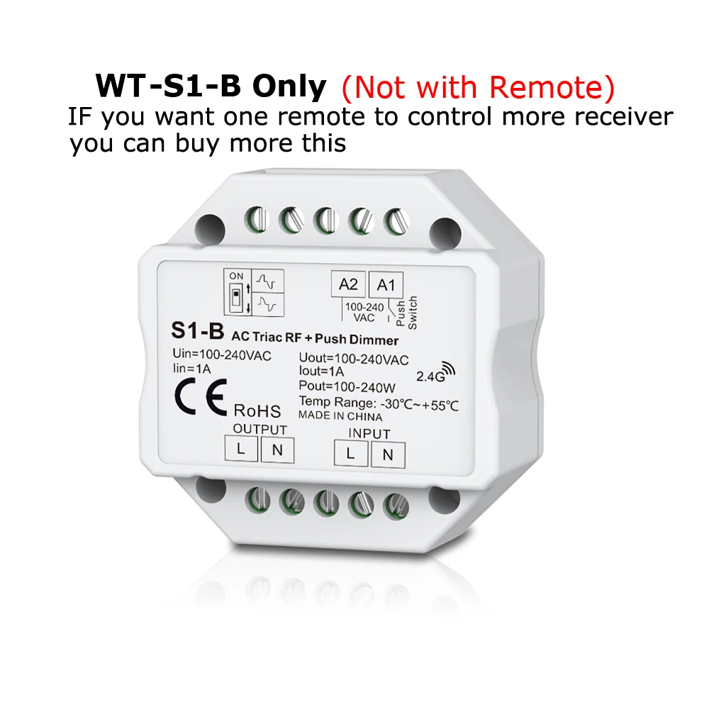 Светодиодный диммер 220 V 230 V 110 V AC Triac RF беспроводной 2,4G дистанционный кнопочный переключатель с регулировкой яркости контроллер для одного цвета светодиодный ламповый светильник - Цвет: WT-S1-B Only
