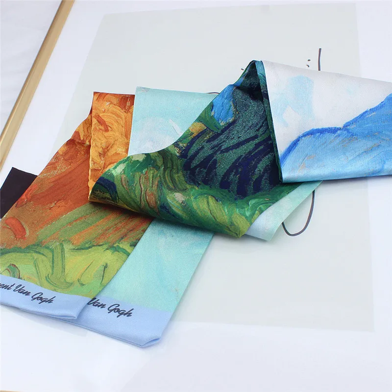  Van Gogh Oil Painting Twill Silk Scarf Women Neckerchief Skinny Scarf Bag Ribbons Female Neck Tie H - 33013780245