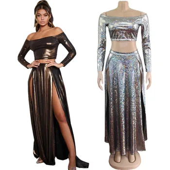 

Shiny Laser Holographic 2 Piece Set Women Long Sleeve Slash Neck Crop Top Side Slits Long Skirts Outfits Two Piece Matching Sets