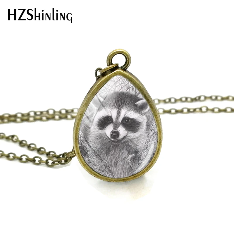 

2018 Trendy Raccoon Art Tear Drop Pendant Animal Painting Necklace Glass Dome Cabochon Pendants Gifts
