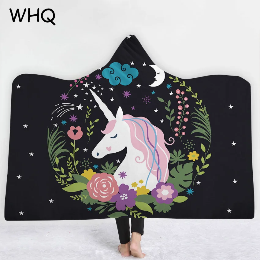 WHQ Cartoon Unicorn Hooded Blanket Winter Wearable Thick Blanket Sofa