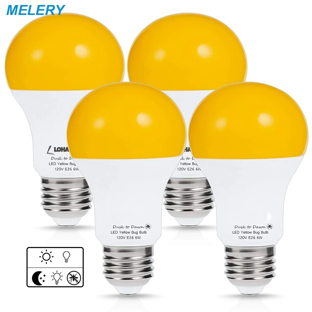

LED Bulbs Sensor Light Smart Lighting Amber Dusk to Dawn A19 Porch Security Outdoor 2000K 40W Auto on/off E26 500 Lumens-4PACK