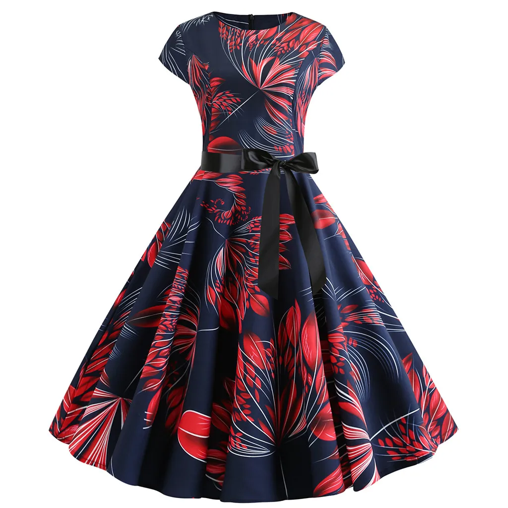 

JAYCOSIN 2019 New Summer Women Navy Red Flower Ball Gown Fashion Elegant Round Neck Short Sleeve Printed Puff Bow Sashes 903208