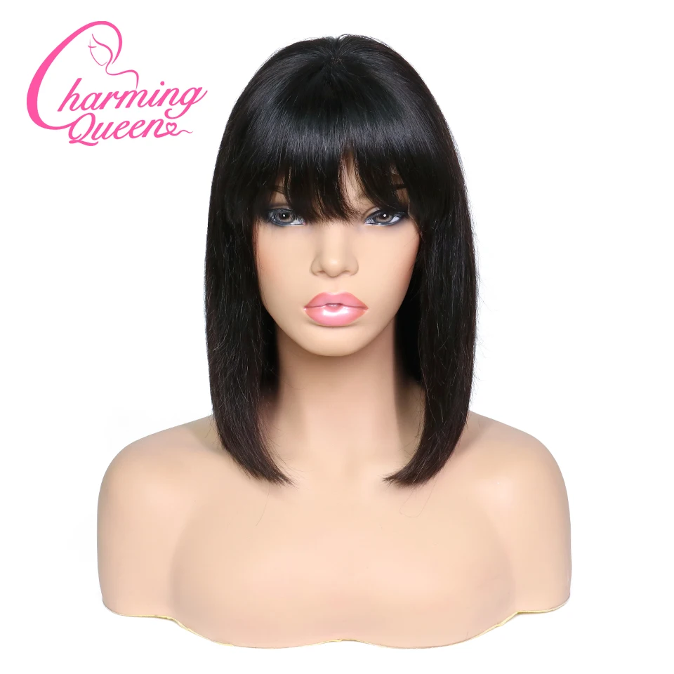 Charming Queen 13*4 Lace Front Human Hair Wigs With Bangs 130% Brazilian Remy Hair Straight Short Bob Wigs For Women Baby Hair