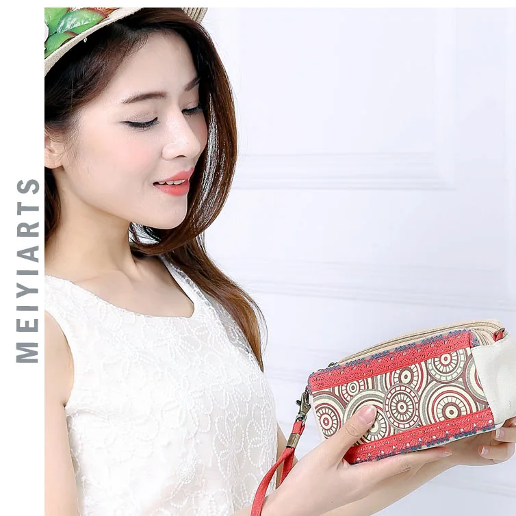 

National Handmade Three Zipper Wallet Women Handbag Canvas Portable Circular Pattern Card Holder Coin Purse Girl Hand-woven Bag