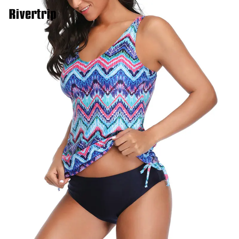 

Rivertrip Ruffle Swimwear Women Sexy Tankini Set Striped Printing Two Piece Swimsuit Strap Beachwear 2019 Bathing Suit Women