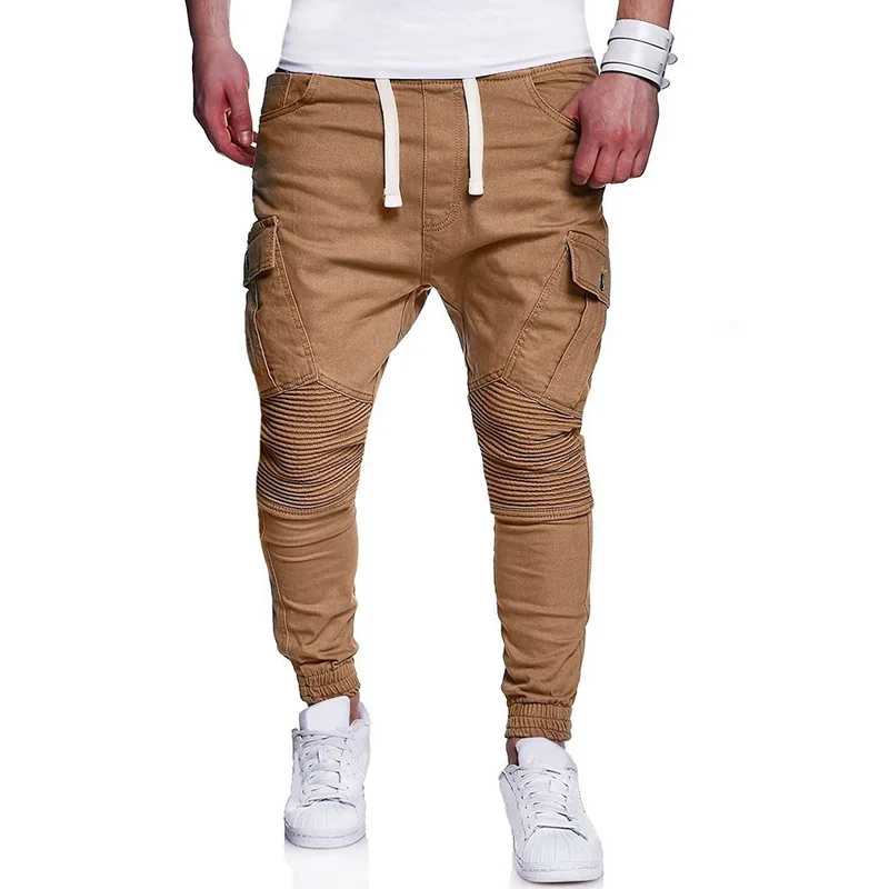 

Men Hip Hop Harem Pants Elastic Waist Pockets Casual Joggers Drawstring Solid Pencil Sweatpants Pleated Patchwork Gym Trousers