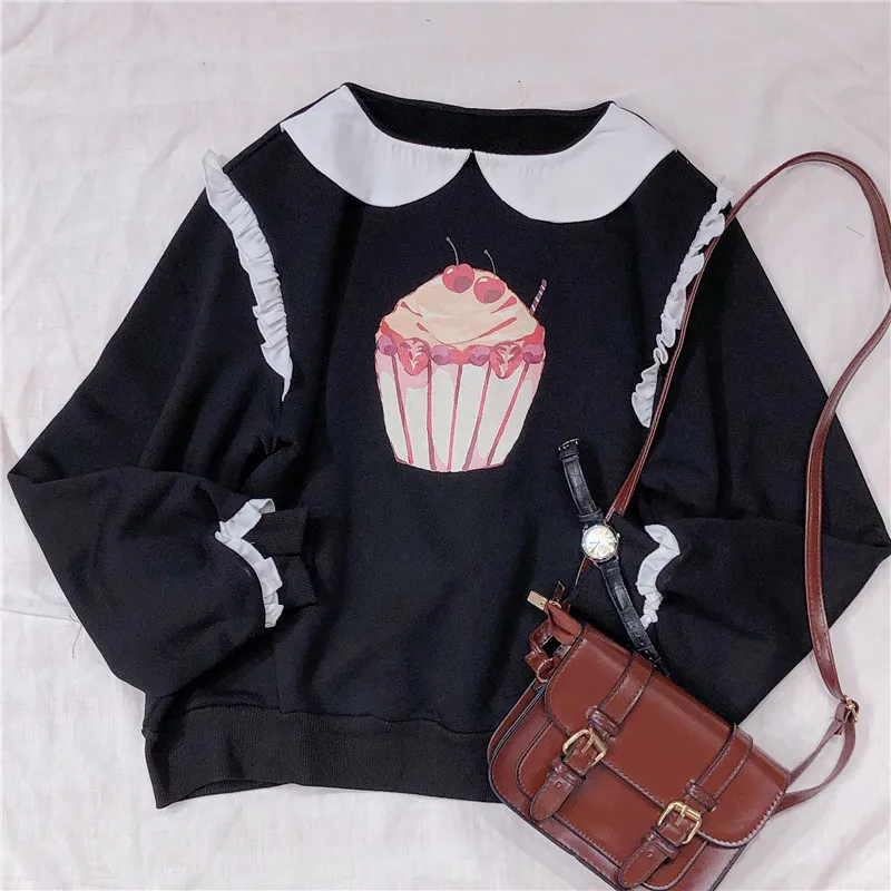 

Sweet Sweatshirts Women Cute Cup Cake Printing Long Sleeve Loose Hooded Pullover for Kawaii Girls Harajuku Femme Outfit