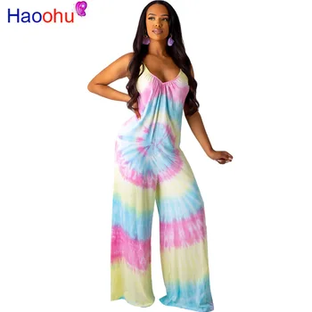 

Colorful Tie Dye Rompers Womens Jumpsuit Spaghetti Strap Backless Wide Leg Overall Casual Deep V Neck Sleeveless Beach Bodysuit