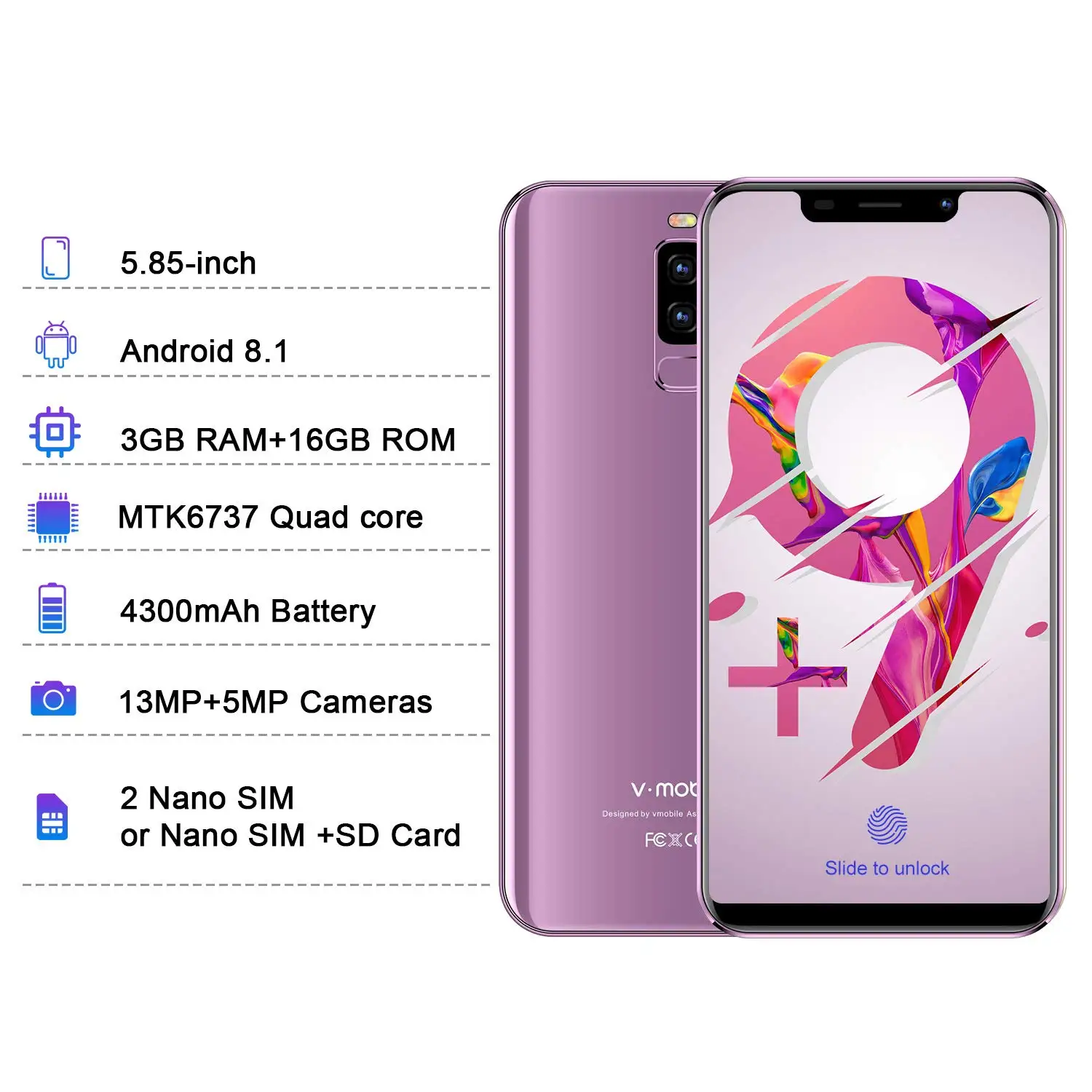 TEENO VMobile S9+ мобильный телефон Android 8,1 5,8" 19:9 полный экран 3 ГБ+ 16 Гб 13MP камера 4G мобильный телефон разблокированный