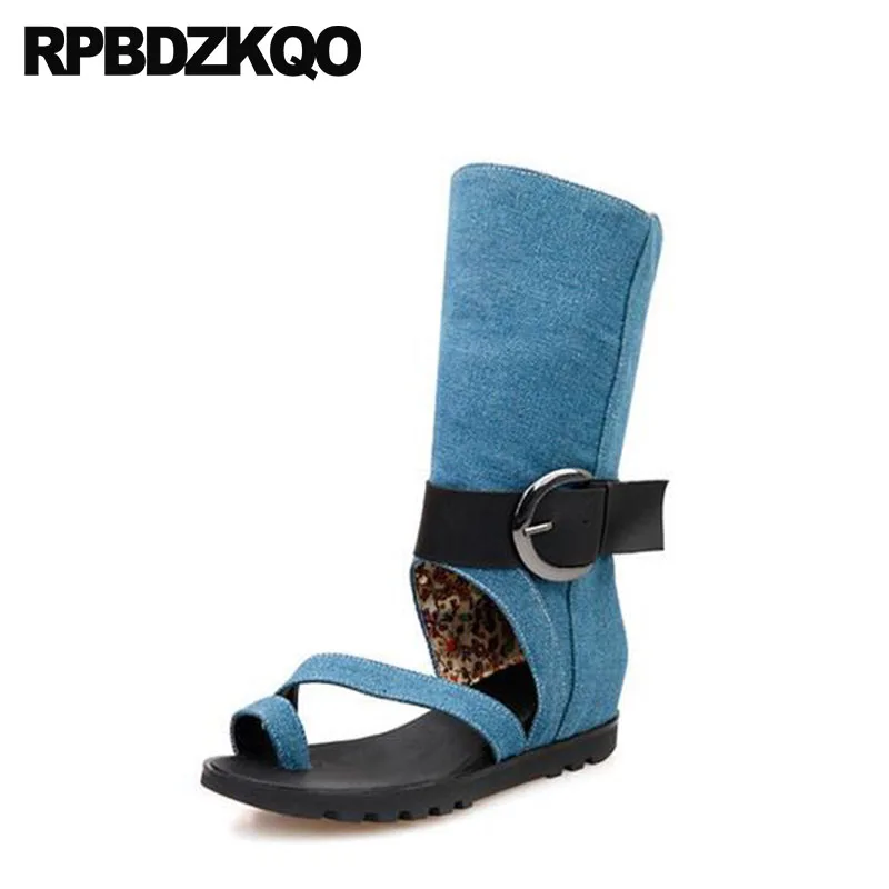 

Blue Denim Boots Open Toe Black British Shoes Women Luxury Brand Sandals Jeans 2018 Short Mid Calf Wedge Height Increased Summer