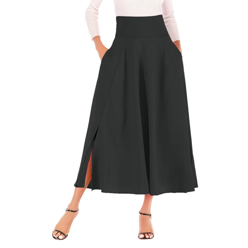 Feitong, Женская плиссированная юбка с высокой талией, с разрезом спереди, с поясом, длиной до лодыжки, плиссированная шифоновая юбка, однотонные ретро юбки# w30