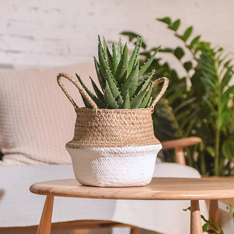 Garden Plant Flower Pot Handmade Rattan Storage Basket Foldable Seagrass Straw Hanging Woven Handle Toy Storage Container 1Pc