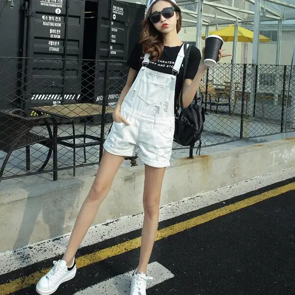 

College Wind Summer Denim Bodysuit Shorts Slim Straps Loose Plus Size Jumpsuit Retro Vintage White Black Pink Overalls AH716
