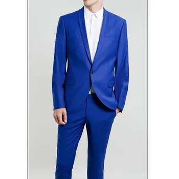 

New Blue Men Tuxedos Shawl Lapel Wedding Suits For Men Groomsmen Suits 2 Pieces Men Suits Slim Fit Grooms(Jacket+Pants)