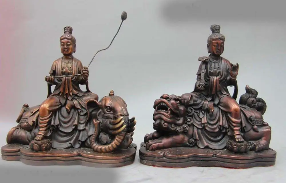 

China Red Bronze Manjusri Foo Dog Lion Samantabhadra Bodhisattva Elephant Statue A(0505)