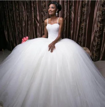 

Luxury Pearls Beading Straps African Ball Gown Princess Wedding Dress Elegant Simple Style Tulle Wedding Dresses W0415
