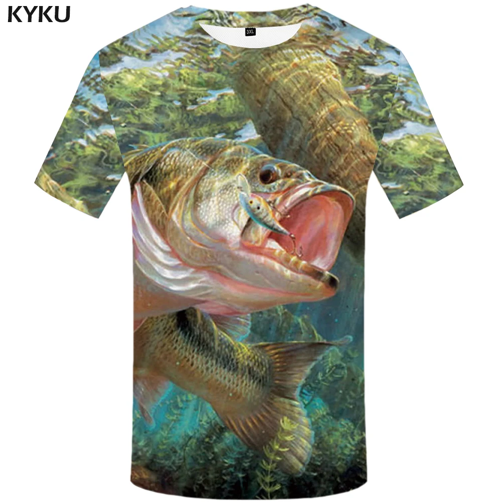 

KYKU Brand Fish Tshirt Men Funny T Shirts Fisherman Metal 3d T-shirt Animal Printed T Shirt Ocean Anime Mens Clothing Summer Top