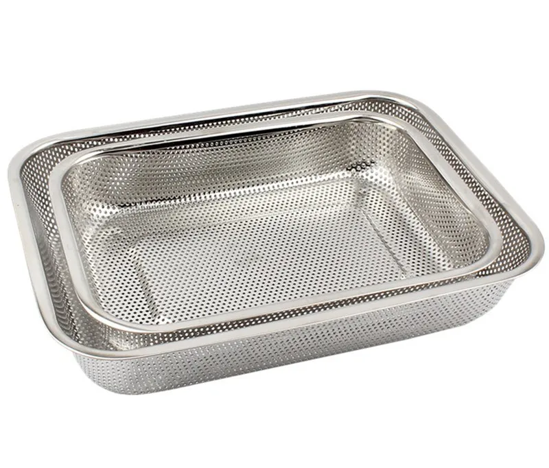 

square 304 Stainless Steel circular hole Rectangle Vegetable Fruit Washing Kitchen Utensil Colander Kitchen Sink Wash Basket