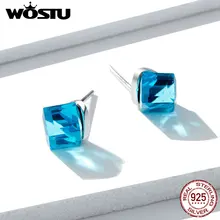 WOSTU серьги-гвоздики с голубым камнем и квадратными кристаллами, 925 пробы серебряные свадебные модные серьги для женщин, роскошные ювелирные изделия FNE208