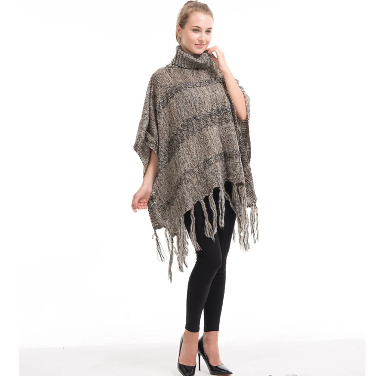 Autumn and Winter Large Code Loose High Collar Tassel Warm Cape Shawl European and American Fashion Hundred Knitted Sweaters