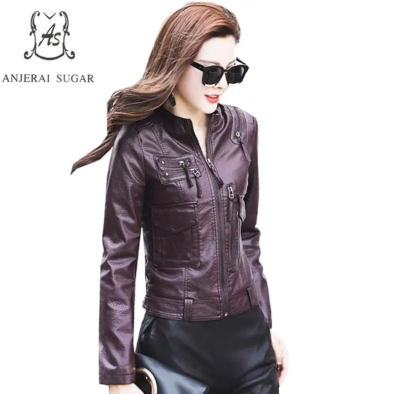 Осень PU кожаная куртка женская Искусственная кожа воротник-стойка карман на