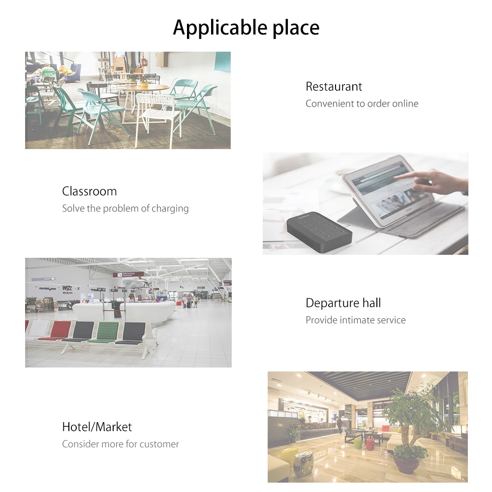 ORICO 10 портов USB умная зарядная станция 5V2. 4A 120 Вт EU US UK адаптер питания для ресторана супермаркета отеля железнодорожная станция