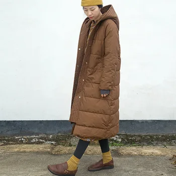 

SCUWLINEN 2019 Winter Jacket Women Casual Solid Hooded Covered Button Thick Warm Loose Long Cotton-padded Parka Outerwear M18312