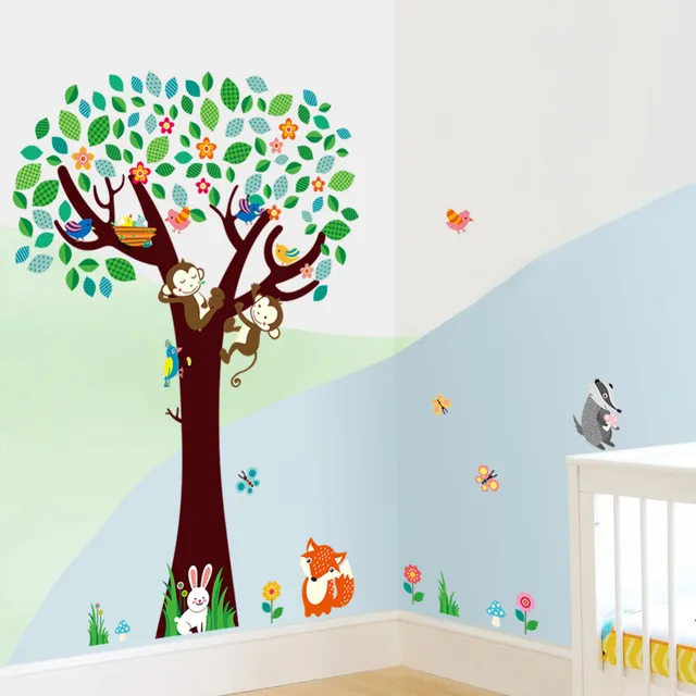 Nursery Cartoon Wall Art Decor Stickers Birds Monkeys Tree Nursery Cartoon Wall Art Decor Stickers Birds Monkeys Tree Decals For Baby Kids Room Decorative