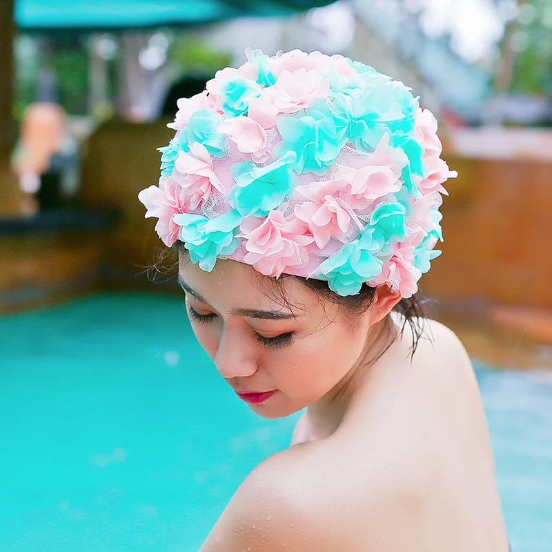 Шапочка для плавания для взрослых s, дизайн, 11 цветов, женская шапочка для купания с длинными волосами, ручная работа, Цветочный лепесток, одежда для бассейна, женская шапка